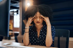 Young women experiencing binocular vision dysfunction symptoms including dizziness and visual discomfort