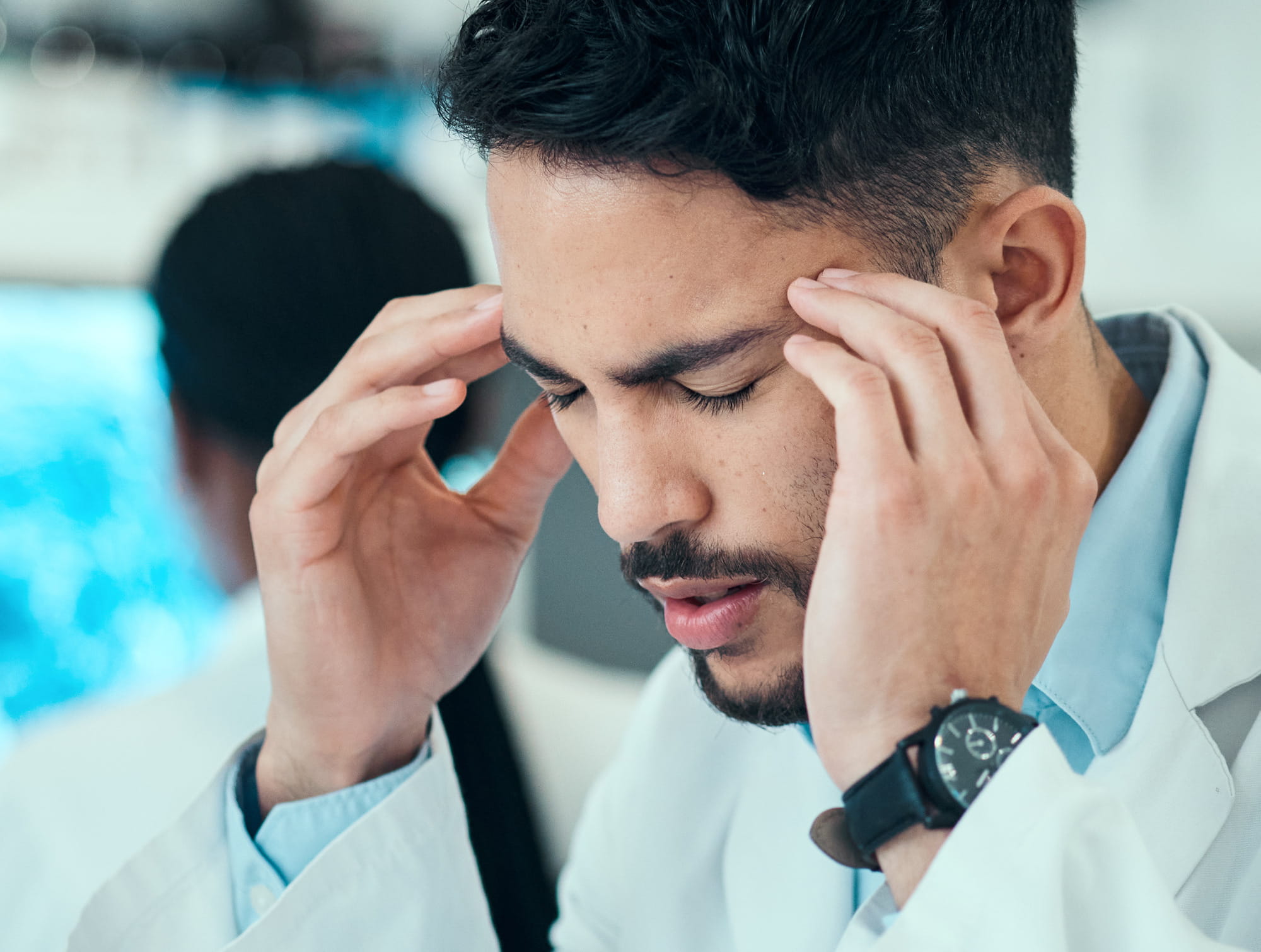Anxiety, man or scientist with headache stress in a laboratory with burnout, migraine or bad head p.