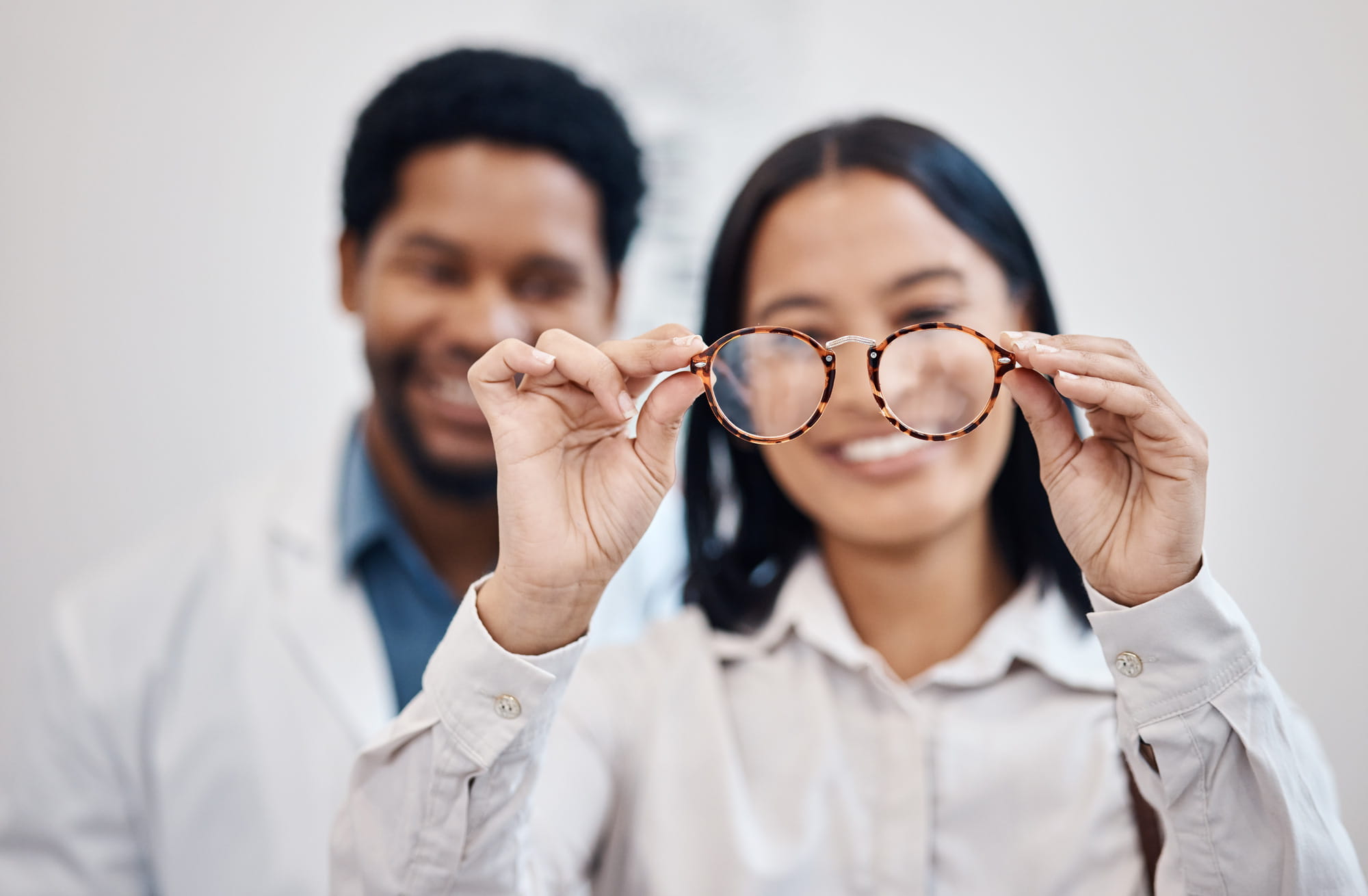 Medical, eye care and vision with woman and glasses for you for decision, retail and optometry heal.