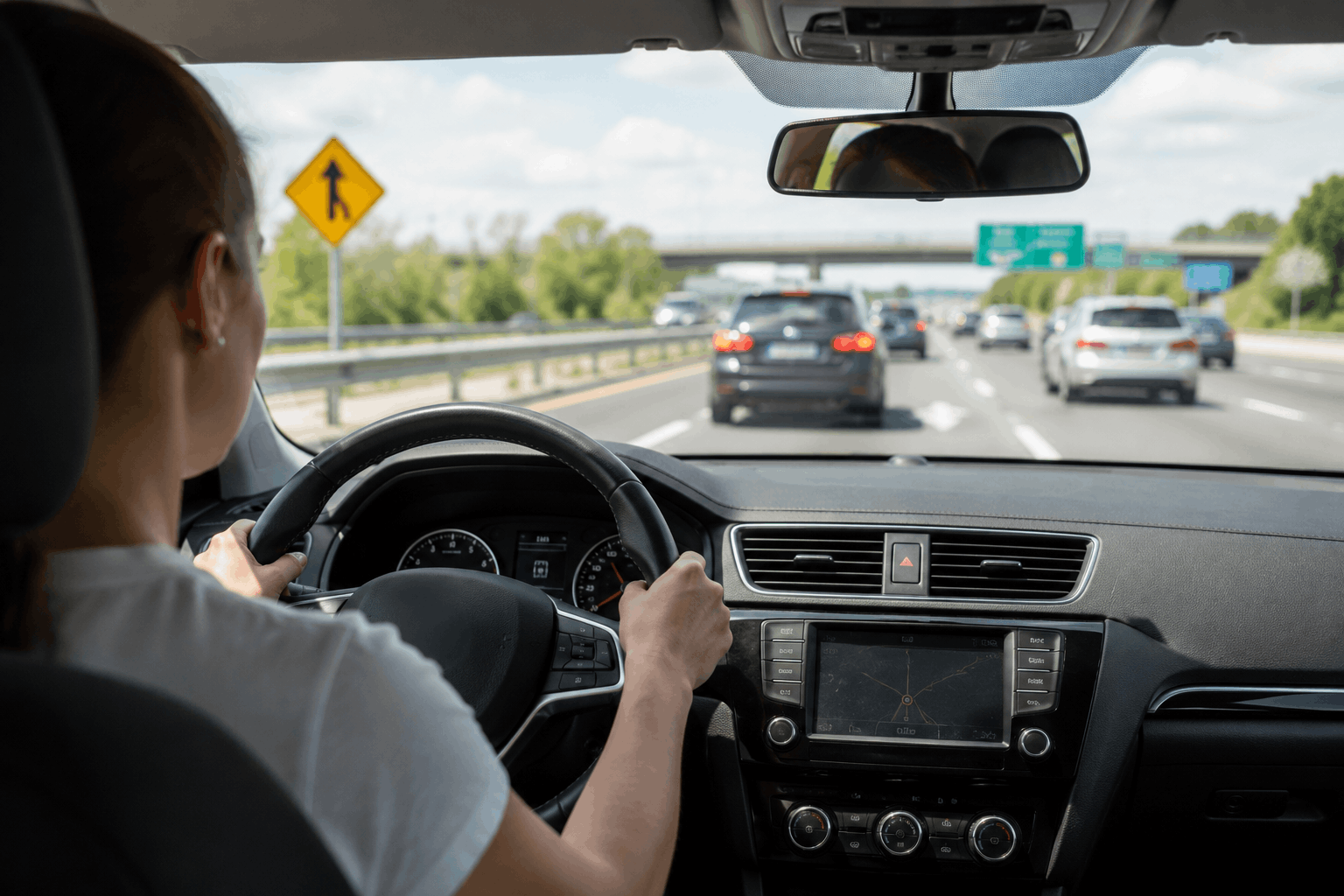 Driver experiencing depth perception issues while driving on a busy highway