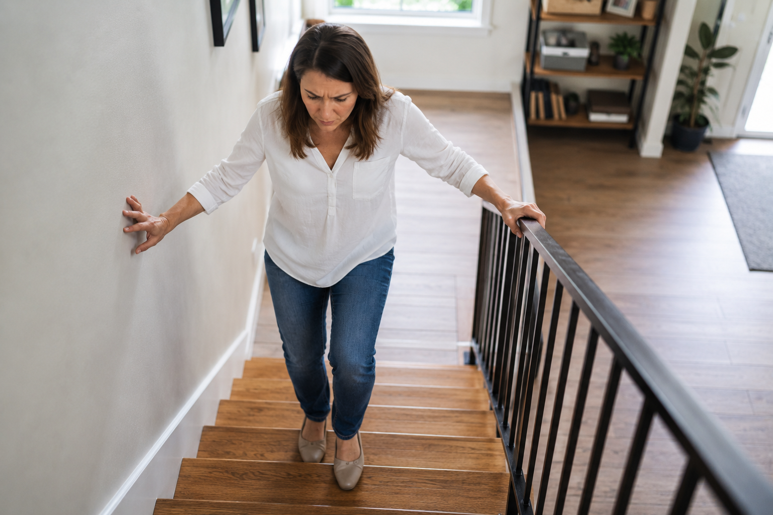 Woman struggling to walk down stairs due to depth perception problems